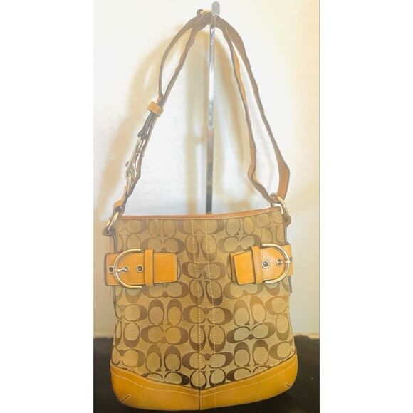 Vintage Coach Signature Print Monogram & Leather Shoulder Bag #3578 GUC Tan - Picture 1 of 13
